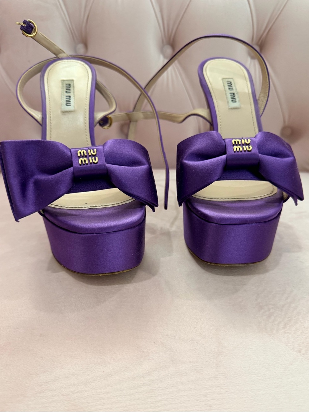 Miu Miu Purple Satin Bow Platform Heels Sandals Size 38